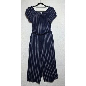 Xhilaration Navy Blue White Striped Smocked Off Shoulder Jumpsuit Medium Crochet